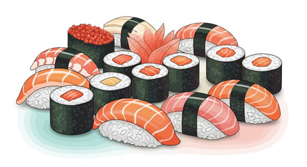 Variety of sushi rolls with salmon. © Awaludin