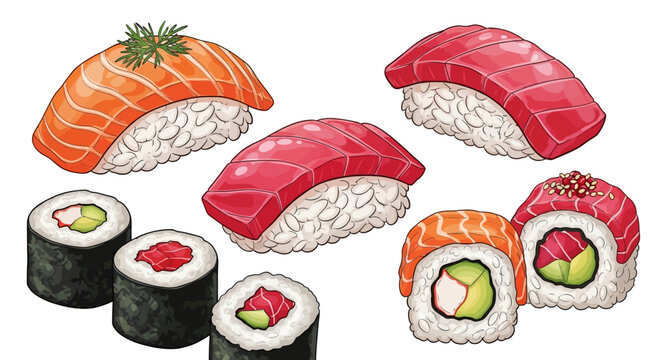 Variety of sushi and maki rolls.
