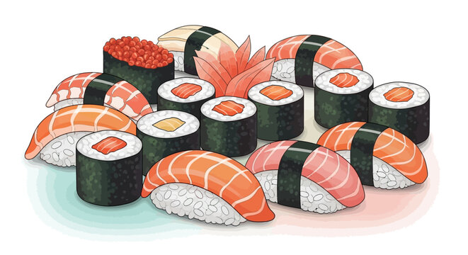 Variety of sushi rolls with salmon.