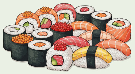 Variety of sushi rolls and pieces. © Awaludin