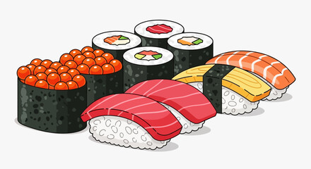 Variety of sushi rolls and pieces. © Awaludin