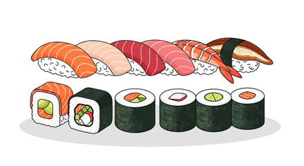 Variety of sushi and maki rolls. © Awaludin