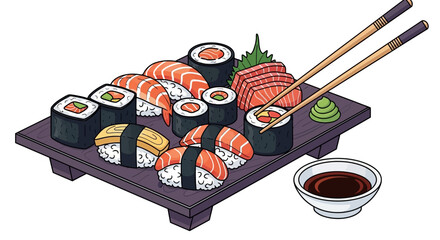 Variety of sushi rolls on tray. © Awaludin