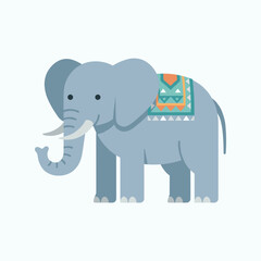 Fototapeta premium Stylized illustration of a majestic grey elephant, featuring a colorful patterned saddle cloth, embodying a playful and decorative animal motif in a flat design style