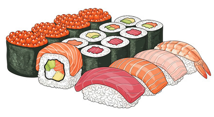 Variety of sushi and maki rolls. © Awaludin