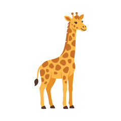 Fototapeta premium A playful cartoon illustration of a tall, spotted giraffe standing on a white background, showcasing its distinct pattern and friendly expression