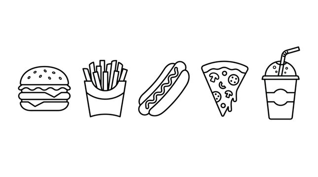 A minimalist line drawing set of fast food icons including a burger hot dog pizza fries and soda in a modern simple artistic style for menu or advertisement use