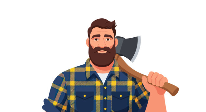 Lumberjack with Axe, Bearded Man in Plaid Shirt, Outdoor Work