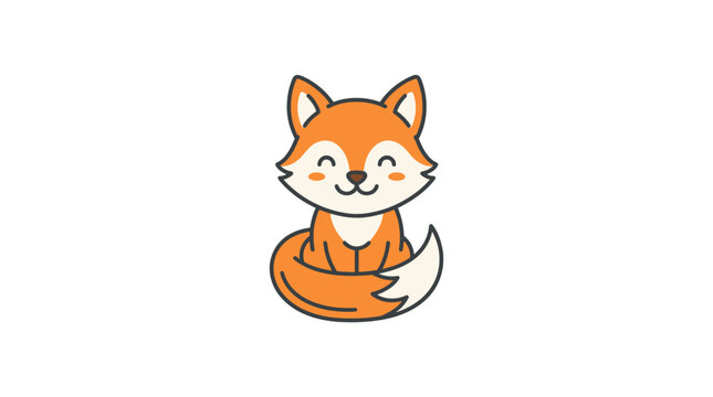 A cute cartoon orange fox with white markings sitting curled up in a playful artistic style on a white background, conveying happiness and friendliness in a whimsical digital artwork