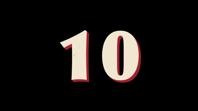 15-second vintage print-inspired countdown on black background with cream numbers, muted red offset shadow, subtle bouncing motion, and flickering grain texture.