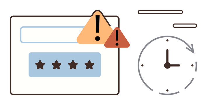 Cybersecurity, online safety, deadlines, warning alerts, risk management, digital security. Error symbols and clock with login interface. Cybersecurity and online safety concept
