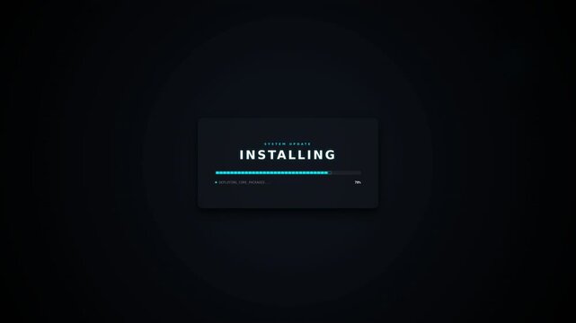 A sleek, modern installation progress screen displays a blue loading bar against a dark background with minimalistic design elements
