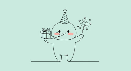 Fototapeta premium Cute Cartoon Character Celebrating with Gift and Sparkler.