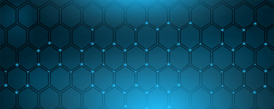 Spanduk latar belakang hexagon biru abstrak teknologi data bisnis futuristik konsep modern, garis bentuk poligon yang menghubungkan tautan kontras biru tua