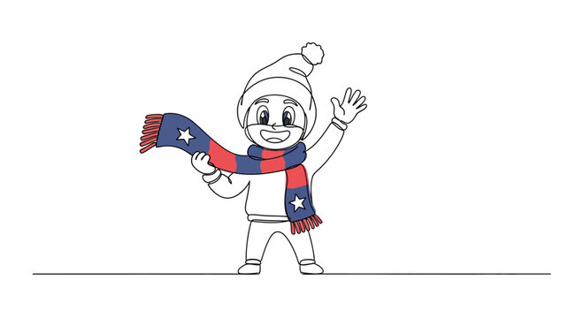 Happy child in winter hat and scarf waving celebrating holidays.