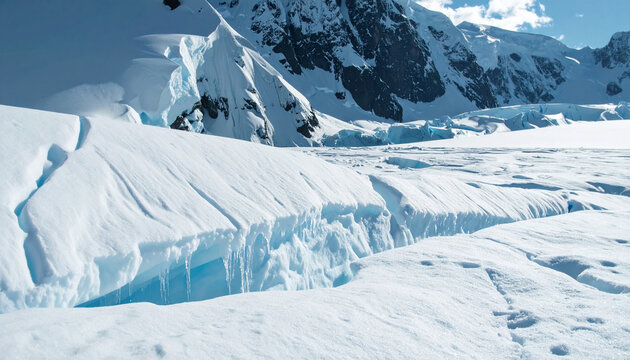 Glacial Crevasse in Icy Wilderness: A deep, blue-tinted crevasse cuts through a vast expanse of snow and ice, surrounded by jagged, snow-capped mountains under a clear, cold sky.