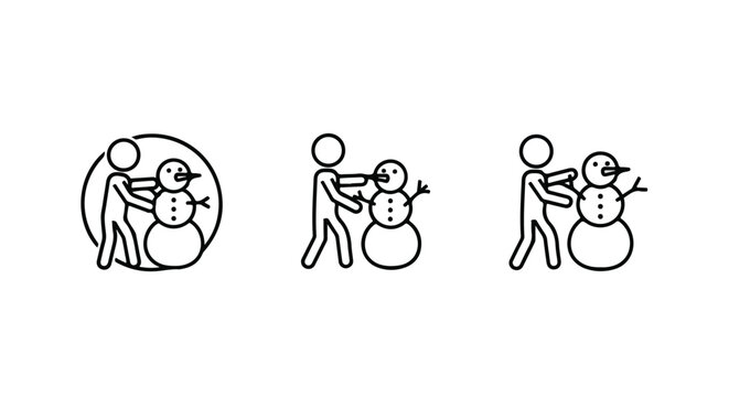 Stick figures building a snowman and playing in winter