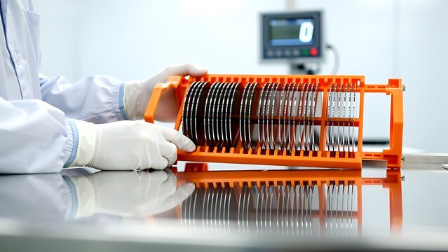 Engineer holding silicon wafer carrier in semiconductor manufacturing facility. Cleanroom worker inspecting microchip substrates. Innovative electronics production and hardware technology.