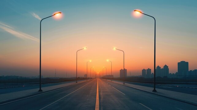 An empty multi lane road leads into a colorful sunset with illuminated street lamps and a blurred urban silhouette on the horizon