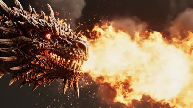 Closeup of a fierce dragon breathing fire