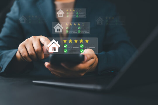 Real estate rating and customer review concept on smartphone, representing property feedback, home evaluation checklists, five-star scoring, housing service quality, and online appraisal systems.