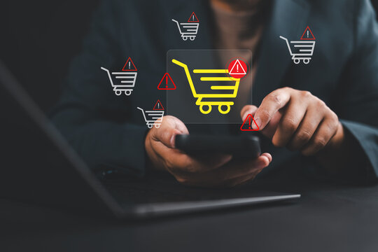 Ecommerce security risk and online shopping fraud warning on smartphone, representing transaction risks, cyber threats, digital alerts, and secure mobile shopping protection.