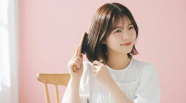 Smiling Japanese woman brushing her beautiful short hair with a wooden hairbrush