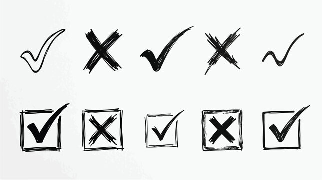 Collection of Hand-Drawn Check Mark and Cross Icons, Vector Graphics for Design