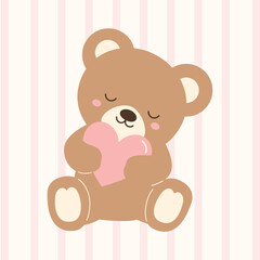 Fototapeta premium Kawaii Teddy Bear Hugging Heart Vector Clipart 