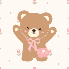 Fototapeta premium Cute Teddy Bear with Pink Bow and Heart Bag Vector Illustration 
