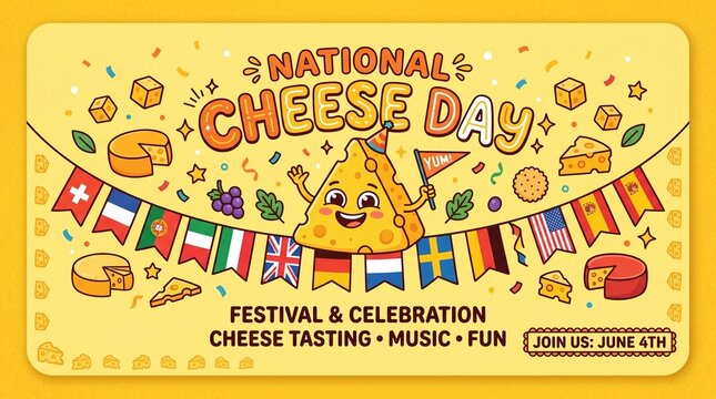 Cute cartoon cheese character celebrating during the national cheese day festival