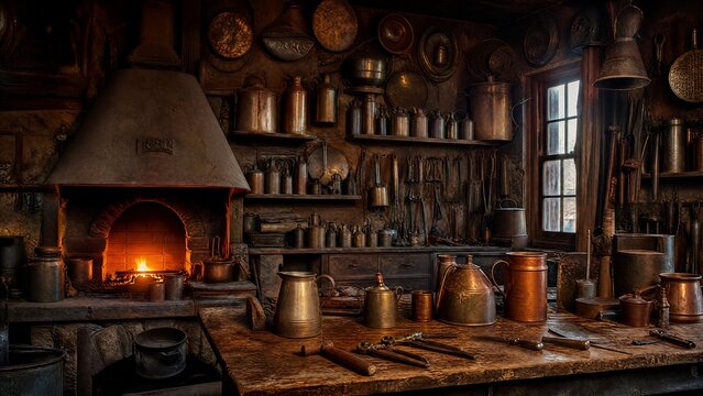 smith. Cozy workshop interior with tin vessels and tools lit by forge glow. safety posters, maintenance manuals, designed for industrial assembly lines and welding operations, supports safety.
