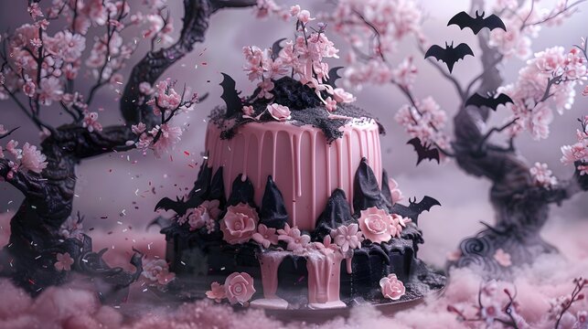 Kawaii Gothic Fantasy Cakes with Mount Fuji, Ribbons and Dreamy Pink Aesthetic