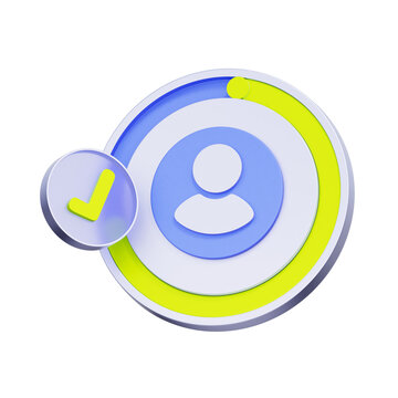 3D illustration of a circular progress meter with a user profile and verification checkmark for profile completion, onboarding progress, loading status, account verification, and user goal tracking.