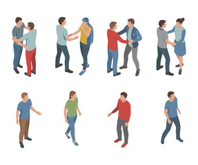 Fototapeta premium Isometric people interaction and social communication collection, diverse human characters greeting walking conversation and relationship lifestyle illustration set
