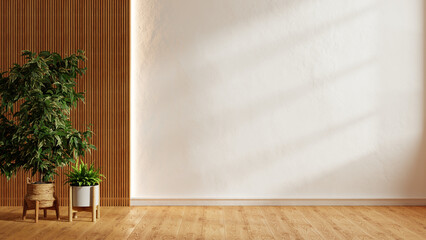 Fototapeta premium Empty white wall mockup with wooden slats and green potted plant on wood floor for interior design presentation- 3D rendering