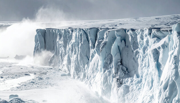 Arctic Ice Cliff: A dramatic view of a towering ice cliff on a frozen Arctic shore, with strong winds whipping snow across the desolate landscape, highlighting the raw power of nature.