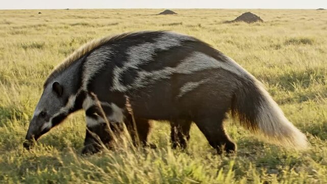 African zorilla walking through dry savanna grass at sunset