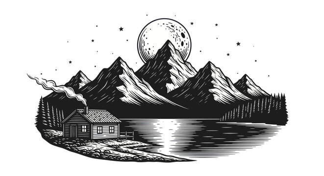 Rustic Cabin by Moonlit Lake and Mountains, Vintage Engraving Style
