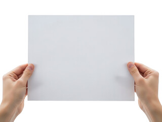 Obraz premium Pair of hands holding a blank white sheet of paper for creative mockups isolated on transparent background