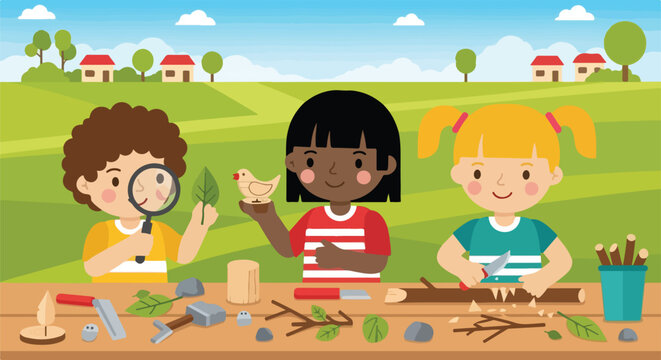 Three diverse children enjoy outdoor craft activities like wood carving and nature study at a long wooden table in a green countryside setting.
