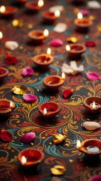Burning oil lamps with colorful floral decoration for Diwali. Traditional clay diya scattered on patterned fabric with flower petal for Indian festival night. Vertical video
