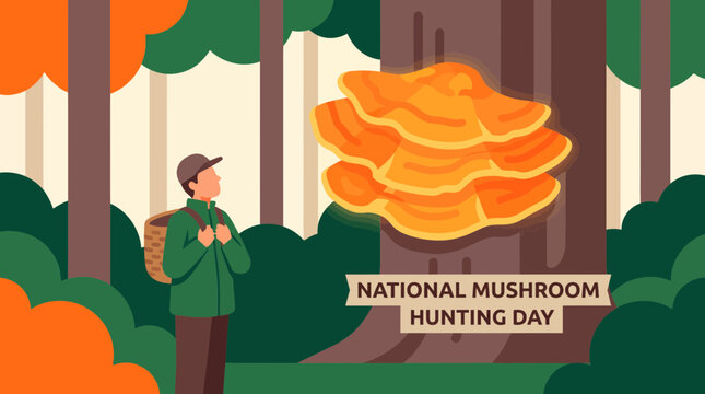 Illustration for National Mushroom Hunting Day with Man Foraging