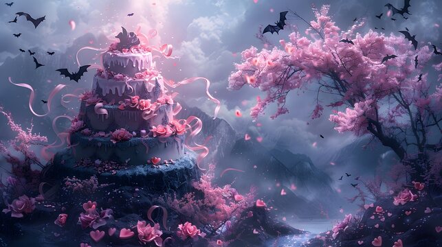 Kawaii Gothic Fantasy Cakes with Mount Fuji, Ribbons and Dreamy Pink Aesthetic