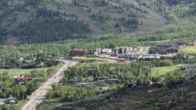 Aerial of Snyderville and Park City valley in Utah mountains in spring