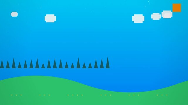 Bright pixel art landscape showing a blue sky with a few white clouds, a green hill with small dots, and a row of dark green trees in the background