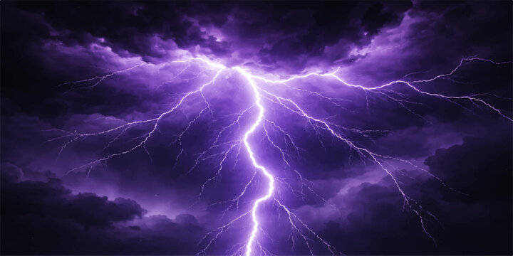 A powerful lightning bolt flashes through the dark night sky during an intense electric storm, unleashing nature's energy with a purple strike of thunder and light