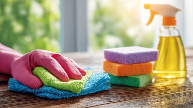 Hand wearing pink rubber glove wiping wooden surface with colorful microfiber cloths next to stacked multi-colored sponges and spray bottle with yellow liquid in bri