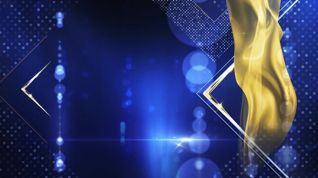 dynamic blue background with vibrant gold ribbon flowing vertically through geometric frames and bokeh effects for luxurious designs