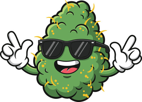 Funny Cannabis Mascot Vector Illustration with Sunglasses, Peace Hand Gestures, and Cartoon Marijuana Bud Character Design